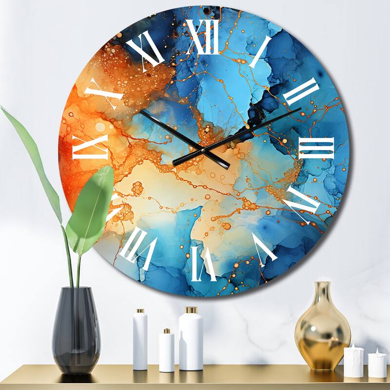 Designart "Love Spirit Turquoise And Orange Marble Art I" Abstract Painting Oversized Wall Clock - 23 In. Wide x 23 In. High
