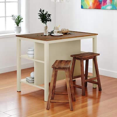 3-Piece Solid Wood 45" Table Set with 2 Stools, Counter Height Dining Set with Open Storage Shelves for Dining Room or Kitchen