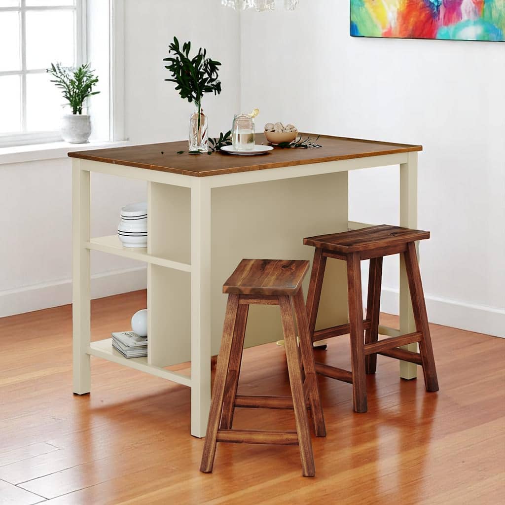 3-Piece Solid Wood 45" Table Set with 2 Stools, Counter Height Dining Set with Open Storage Shelves for Dining Room or Kitchen