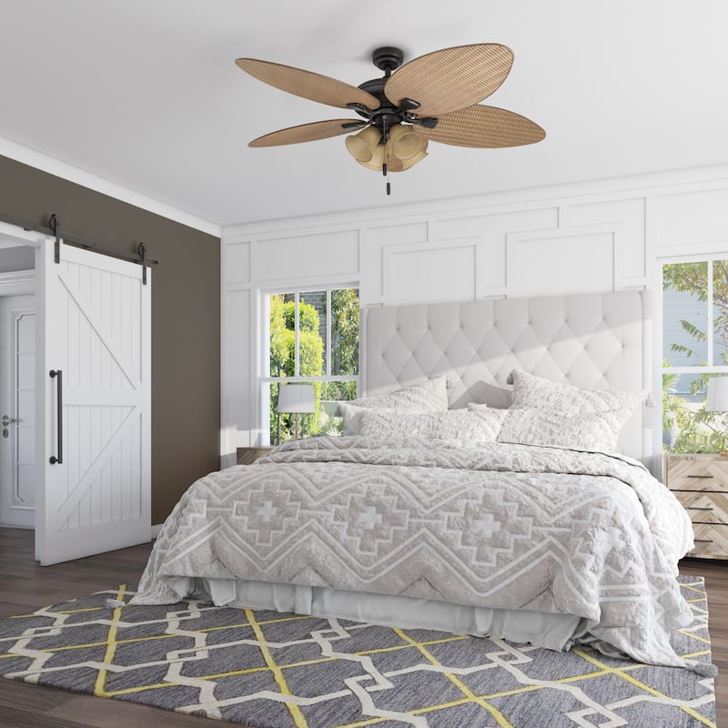 52" Honeywell Palm Valley Bronze Indoor/Outdoor Ceiling Fan with Light, Pull Chain, 5 Palm Leaf Blades