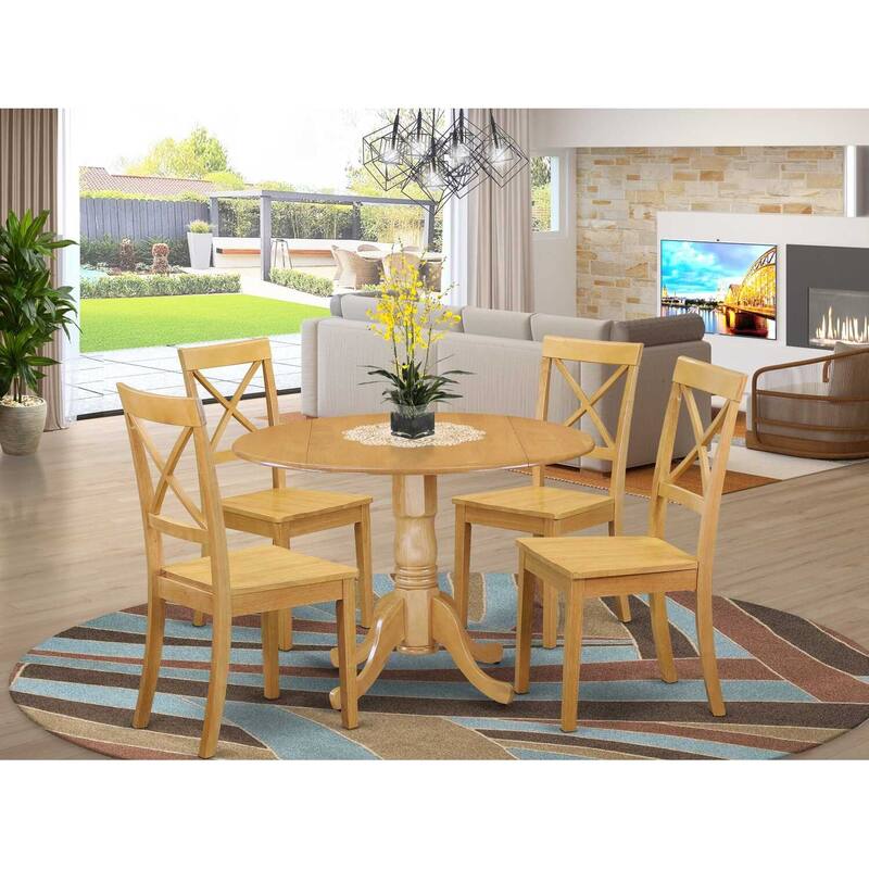 HomeStock 5-Piece Natural Oak Finish Solid Wood Top Dining Table with 4 Chairs with Lattice Back