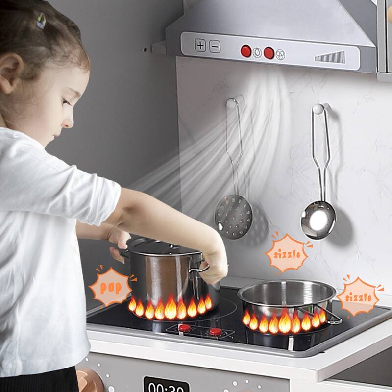 Wooden Play Kitchen for Kids with Cookware Playset,Lights & Sounds,20 Accessories and Ice Maker,Microwave,Oven,Range Hood,Sink