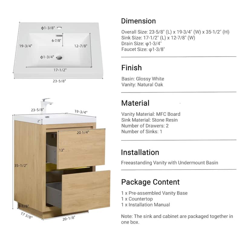 24" Bathroom Storage Vanity Cabinet with U-Shaped Sink, Soft-Close Drawers and Durable Stone Resin Countertop