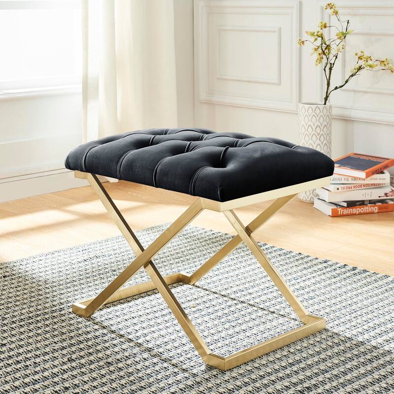 22" Black and Gold Contemporary Single Bench with Button Tufting