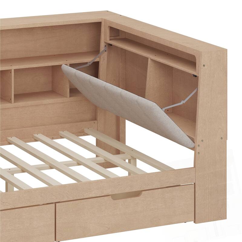 L-shaped Wooden Daybed with Desk and Storage Bookcase with Upholstered Headboard