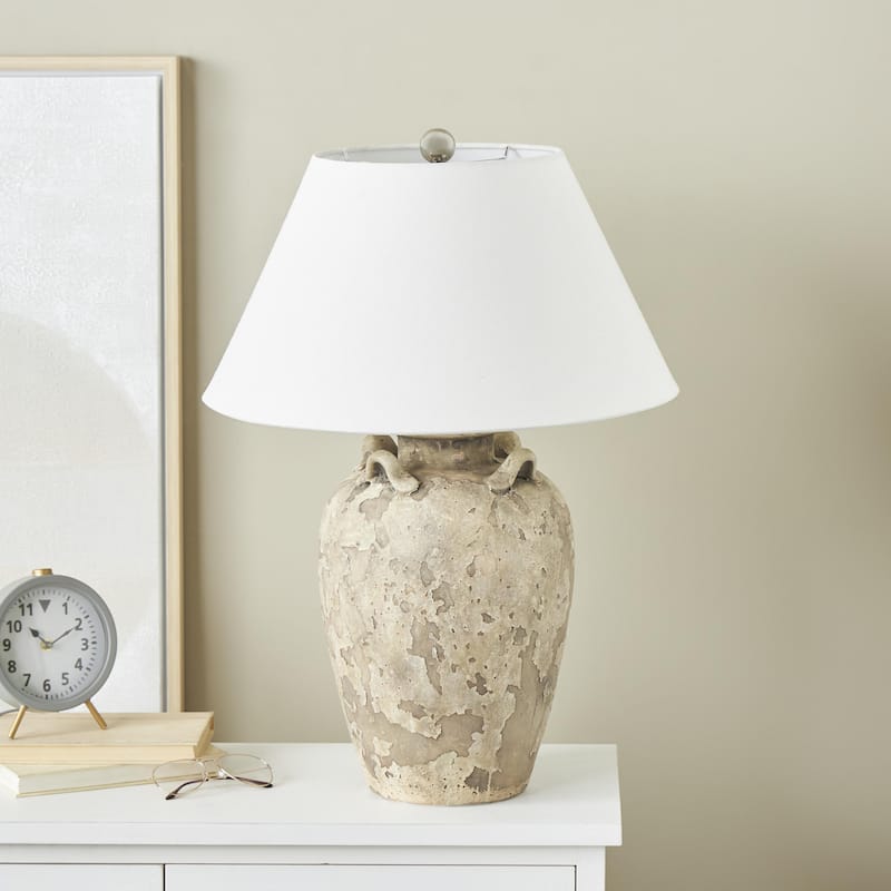 Ceramic Distressed Antique Style Textured Vase Table Lamp with White or Cream Linen Shade - Brown or Black - Roche River Decor
