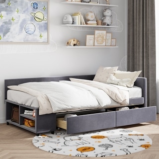 Twin Size L-Shaped Upholstered Platform Bed with Built-In Storage and Drawers, Velvet Fabric
