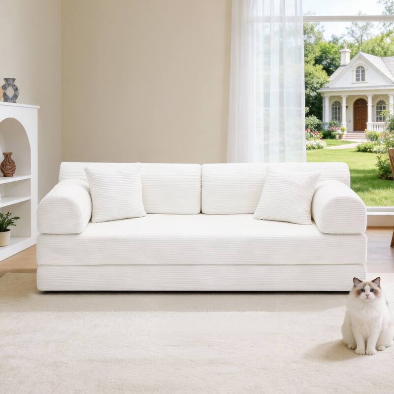 Convertible Sleeper Sofa Bed with Cylindrical Pillow, Corduroy Folding Mattress Couch with Fixed-Shape Frame for Bedroom