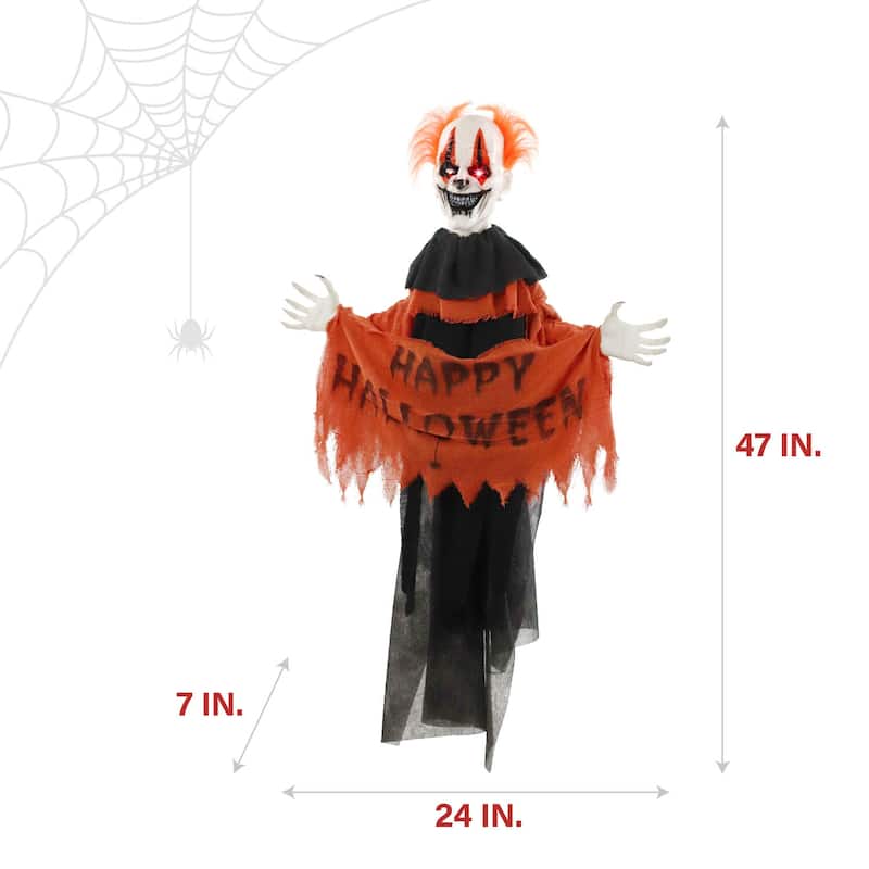 Haunted Hill Farm Twister the Clown Animatronic Tree Hugger with Movement, Sounds, and Light-Up Eyes for Halloween Decoration