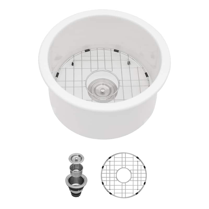 Lordear 18" Ceramic Sink Undermount Bar or Kitchen Sink with Accessories - 18 in.W x 18 in.D x 9 in.H - White - 18 in.W x 18 in.D x 9 in.H