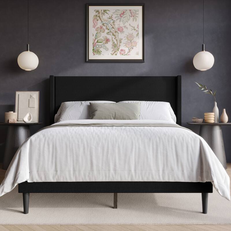 Clayfell Bangor Upholstered Wingback Platform Bed, Linen, No Box Spring Required - Full - Light Grey