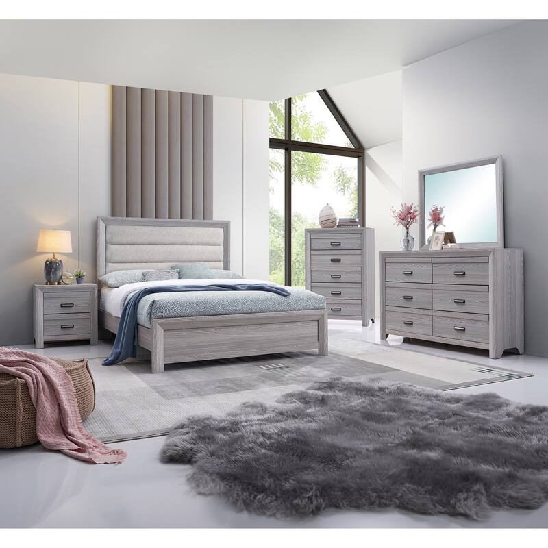 Twin Size Panel Bed with Upholstered Headboard in Driftwood Finish