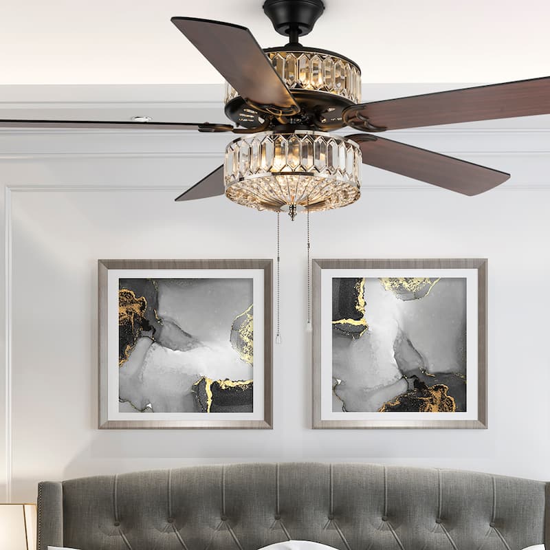 Silver Geometric Diamond Shaped Double-Layered Clear K-9 Crystal Ceiling Fan - 52 Inches - 52 Inches