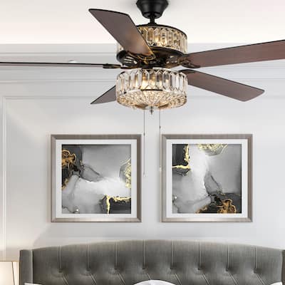 Silver Geometric Diamond Shaped Double-Layered Clear K-9 Crystal Ceiling Fan - 52 Inches - 52 Inches