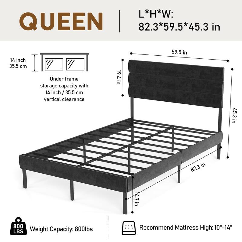 Queen Size Upholstered Platform Bed Frame - With Headboard, No Box Spring Needed, 14" Underbed Storage​