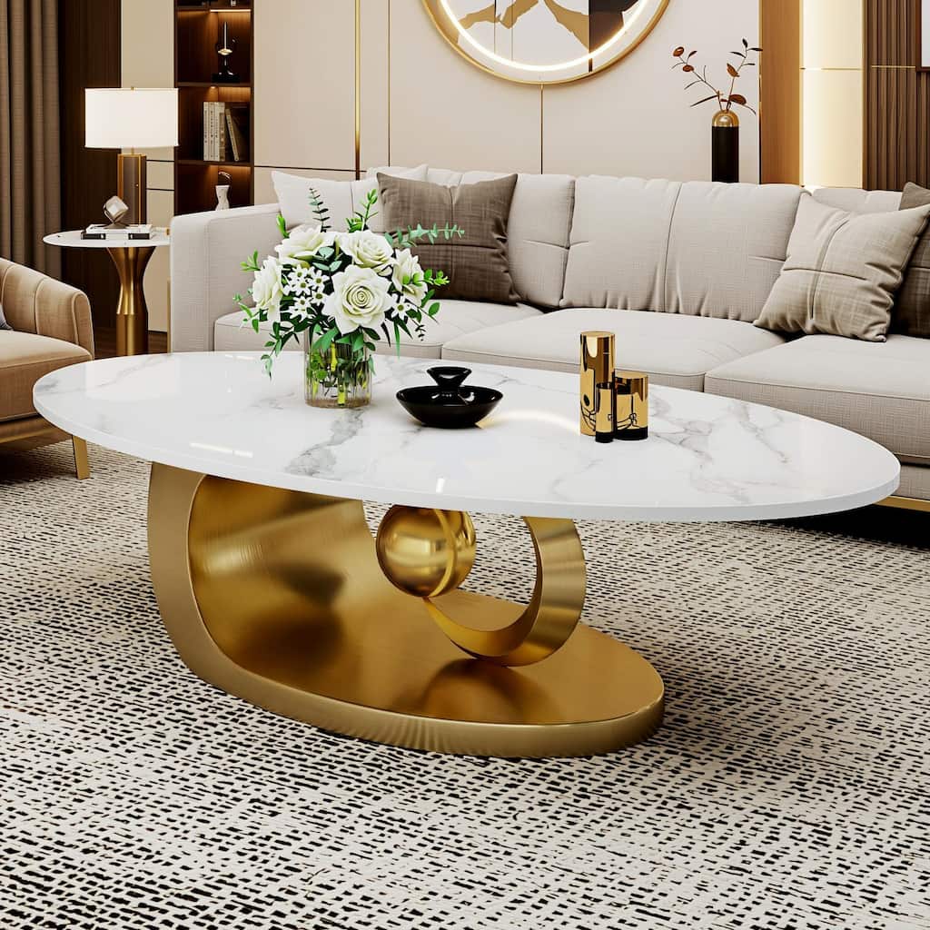 Homy Casa Luxury Oval Coffee Table, High-Gloss Faux Marble Top, Electroplated Brushed Stainless-Steel Sculptural Christmas Gift
