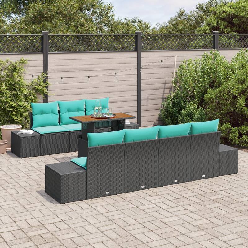 vidaXL 8 Garden Sofa Set with Cushions Black/Grey Poly Rattan - 94.1 x 24.4 x 27.2