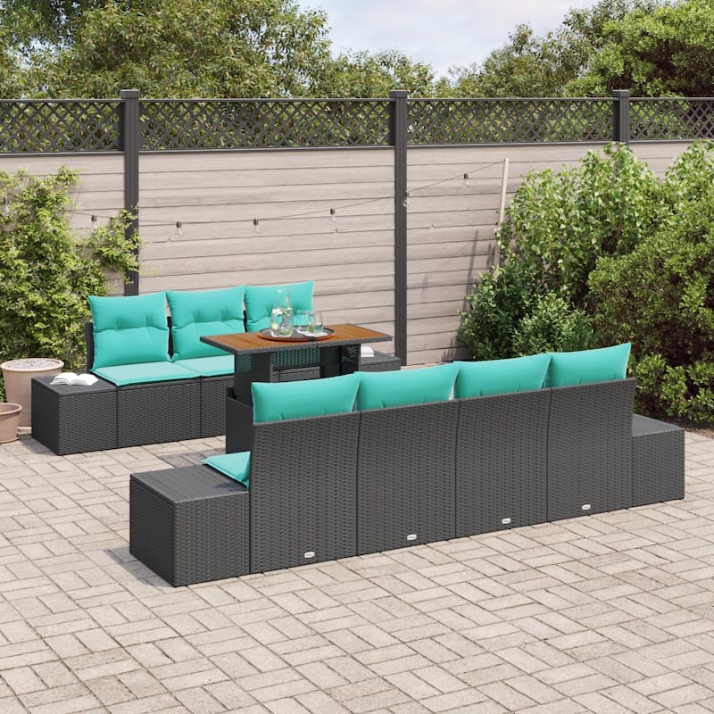vidaXL 8 Piece Garden Sofa Set with Cushions Black Poly Rattan - 94.1×24.4×27.2