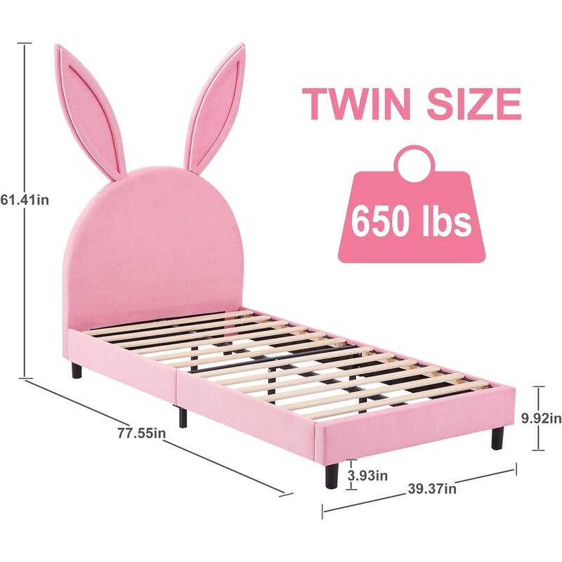 VECELO Wooden Cute Rabbit Twin Bed Frame with Upholstered Headboard, Kids Bed Frame