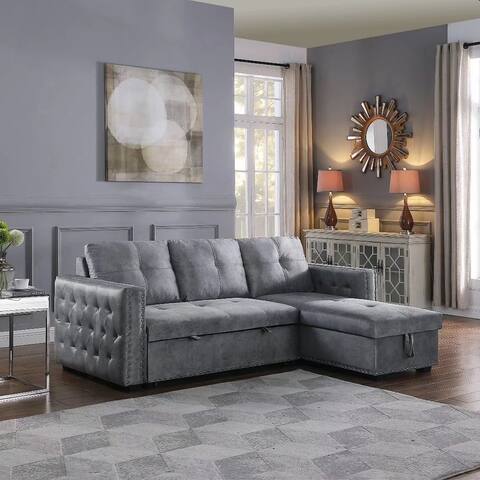 Morden Fort Velvet Reversible Sleeper Sectional Sofa L-Shape with big Storage
