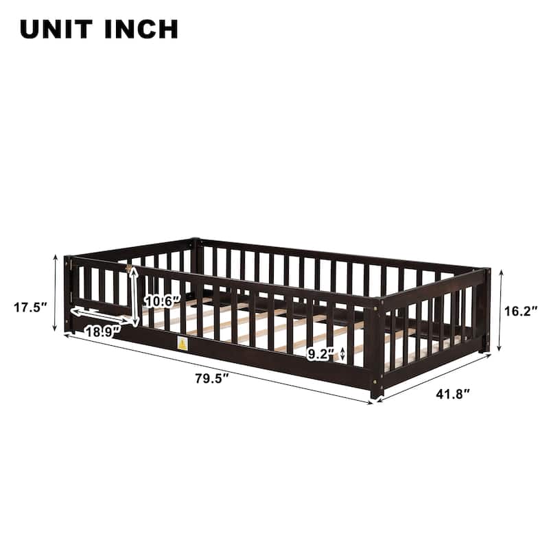 Twin size Floor Platform Bed with Fence and Door for kids, toddlers