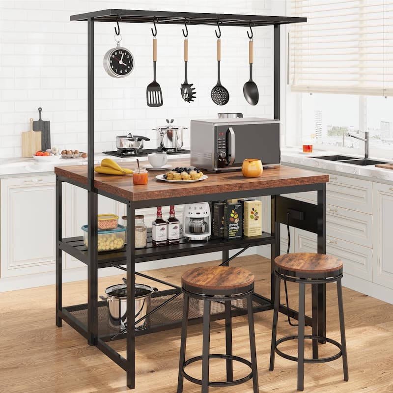 42"/48" Kitchen Island with Storage & Seating - 3-Tier Bakers Rack, Microwave Stand, Dining Table for 4