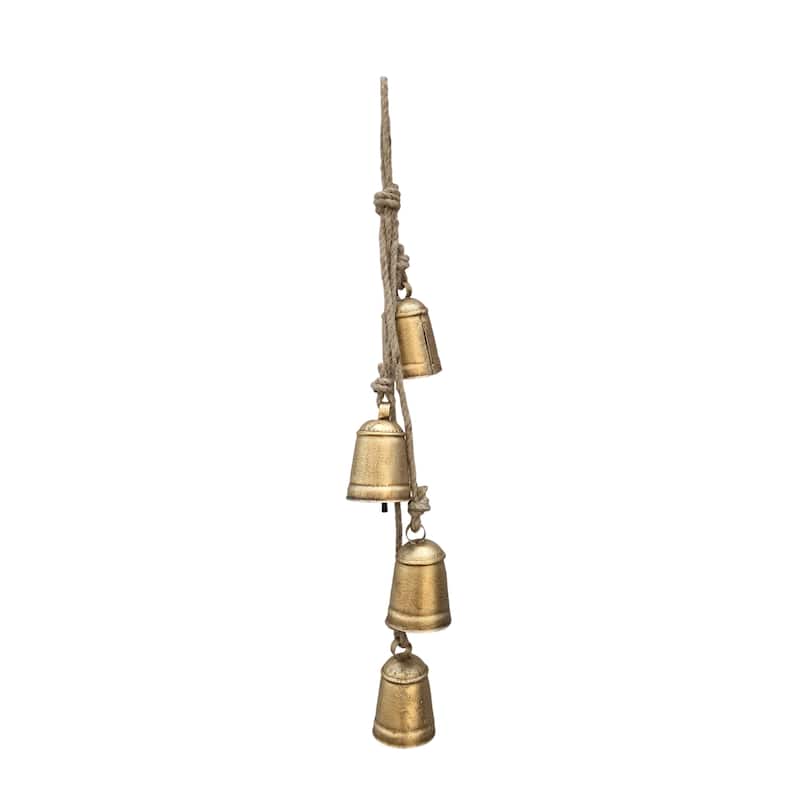 Zema Rustic Iron Hanging Bells Wall Decor, Cylindrical Cowbell on 28 Inch Jute Rope, Antique Gold