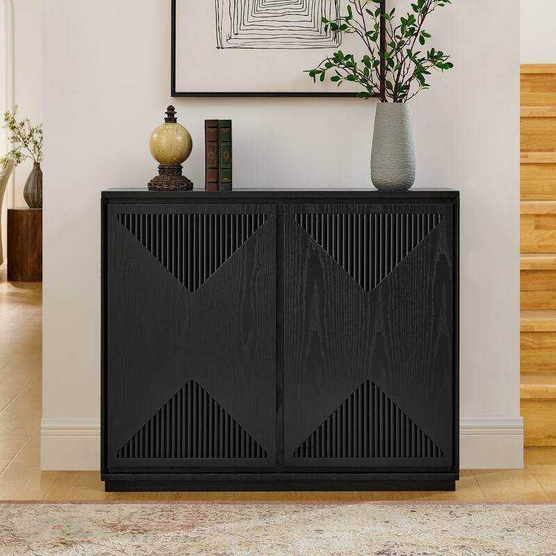 V-Shaped Fluted Storage Cabinet, Multi-Functional Narrow Side Cabinet, Wood Buffet Cabinet with 2 Doors & 2 Outlet Holes - Black