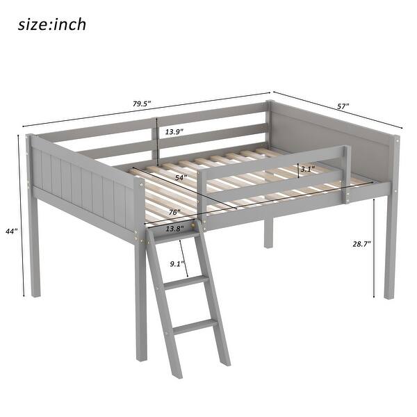 dimension image slide 1 of 2, Full Size Wood Low Loft Bed with Ladder, Ladder Can Be Placed On the Left or Right