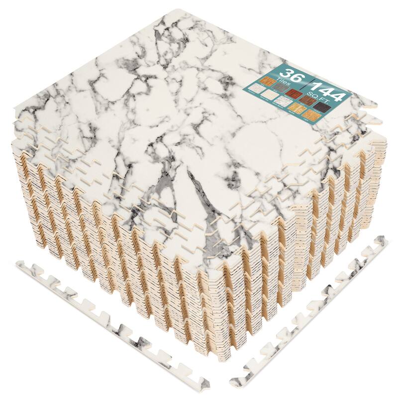 Sorbus 144 Sq. Ft. Wood Grain Floor Tiles Foam Mat EVA Interlocking Mats Tile 3/8-Inch Thick Flooring Wood Puzzle Exercise Mats - White Marble