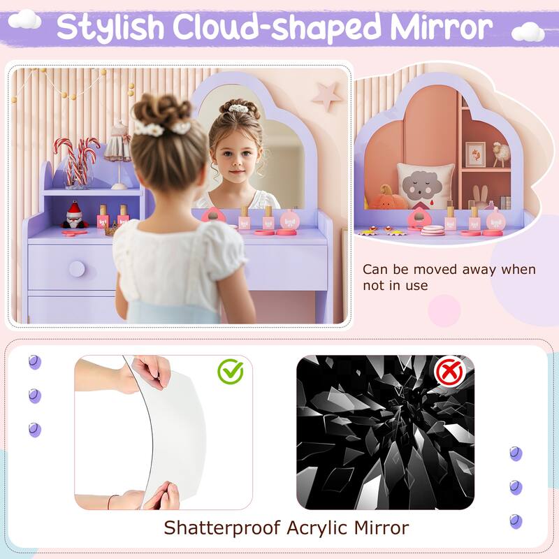 Children's Vanity Table and Stool Set with Mirror and Drawers Cabinet for Bedroom or Playroom - 31.5" x 16" x 38.5" (L x W x H)