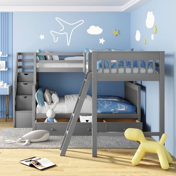 slide 2 of 15, L-Shaped Twin Over Full Bunk Bed with 3-Drawers, Staircase & Guardrails, Grey Grey