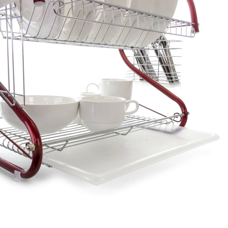 Space-Saving 16 Inch Dual Shelf Countertop Dish Rack in Red