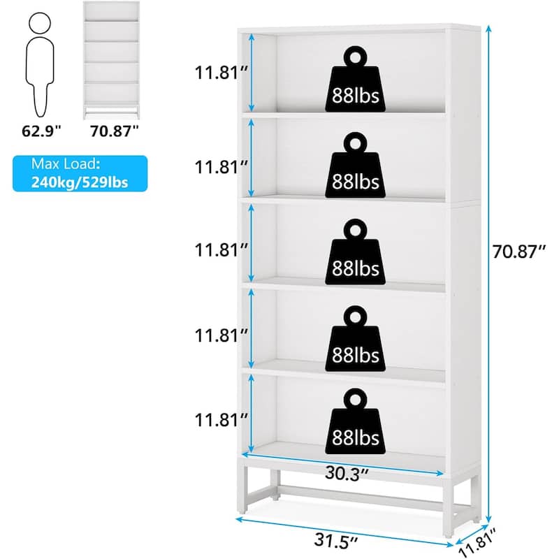 71-Inch Tall Bookcase, Heavy Duty Free-Standing Library Bookshelf with 5-Tier Shelves for Living Room
