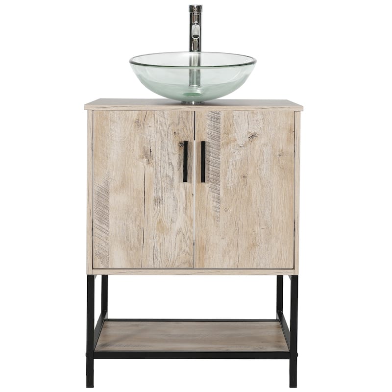 24" Bathroom Vanity Sink Combo Oak Cabinet Vanity Tempered Glass/Ceramic Sink