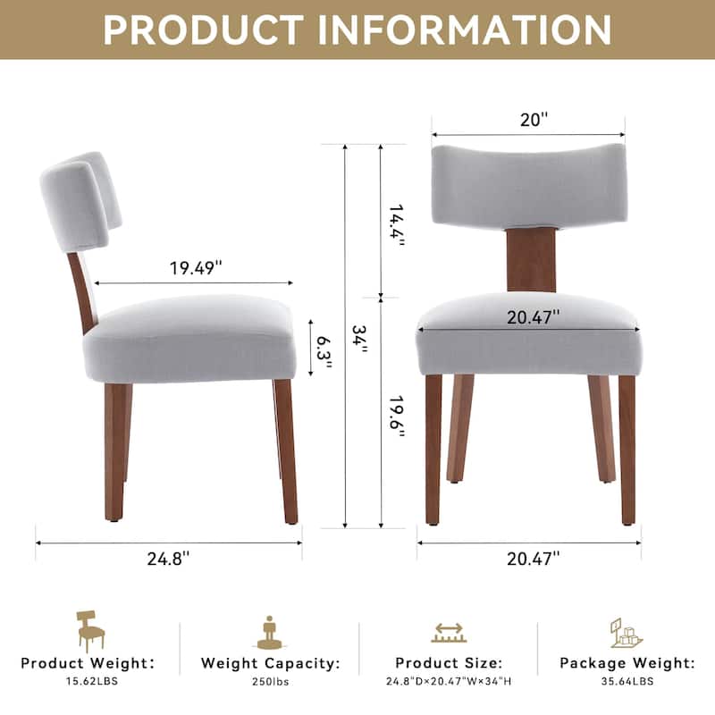 Set of 2 Upholstered Dining Chairs with Curved Backrest, Wooden Legs