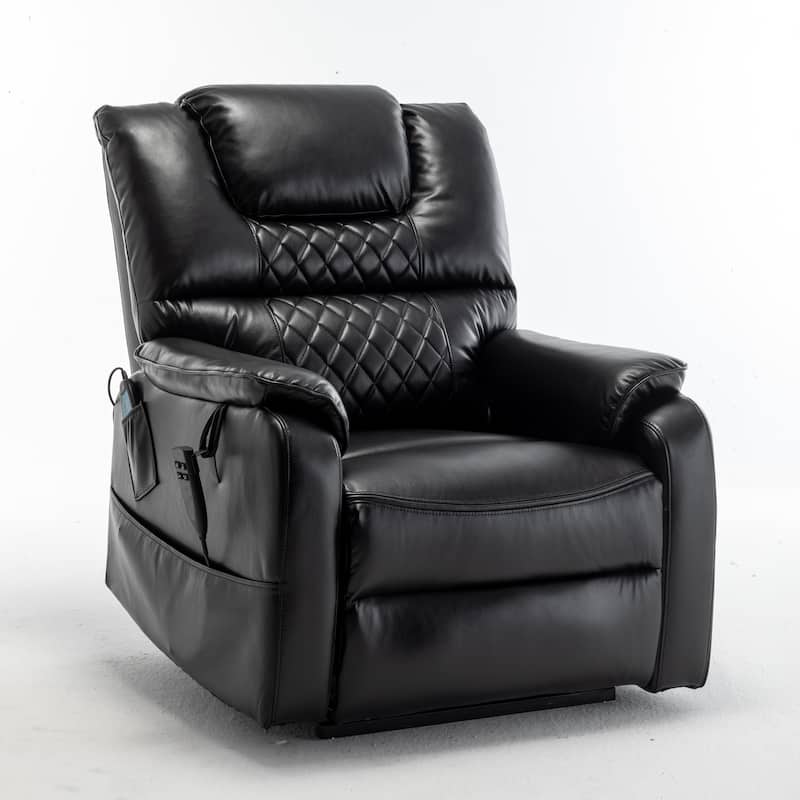 Black Oversized PU Leather Power Lift Recliner with Massage, Lumbar Heating, Side Pockets, 180° Flat Lay