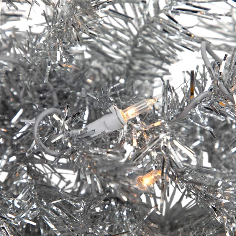 36" Pre-Lit Silver Tinsel Artificial Christmas Wreath Clear Lights
