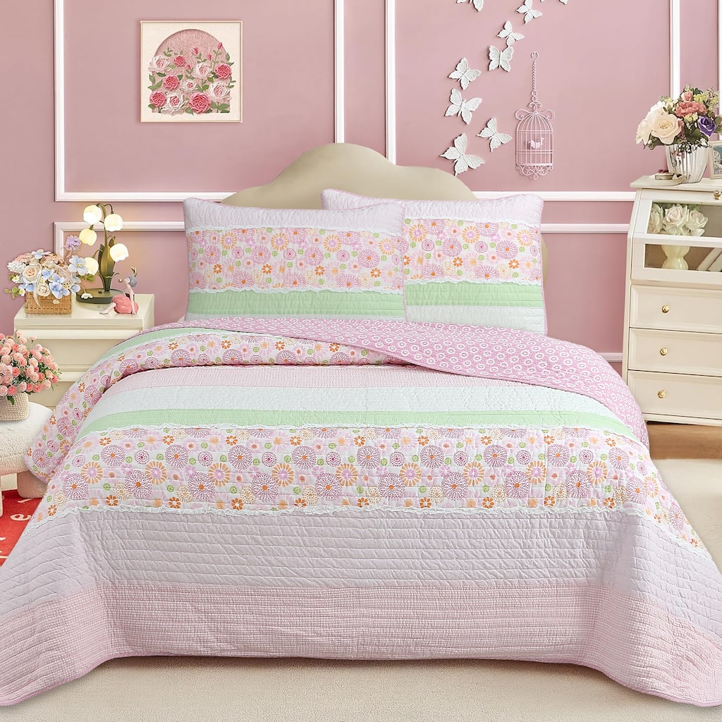 Cozy Line Pink Floral Whimsy Gingham Stripe Cotton Quilt Bedding Set