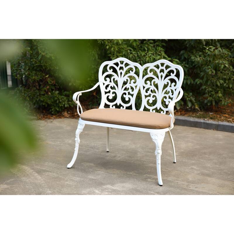 Patio Garden Bench Metal Park Bench Cast Aluminum Outdoor Furniture With Floral Rose For Patio (Excluding the table)