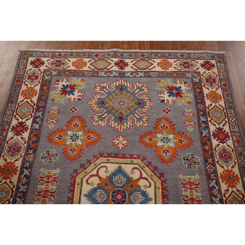 Gray Geometric Kazak Oriental Rug Living Room Handmade Wool Carpet - 4'9" x 6'9"
