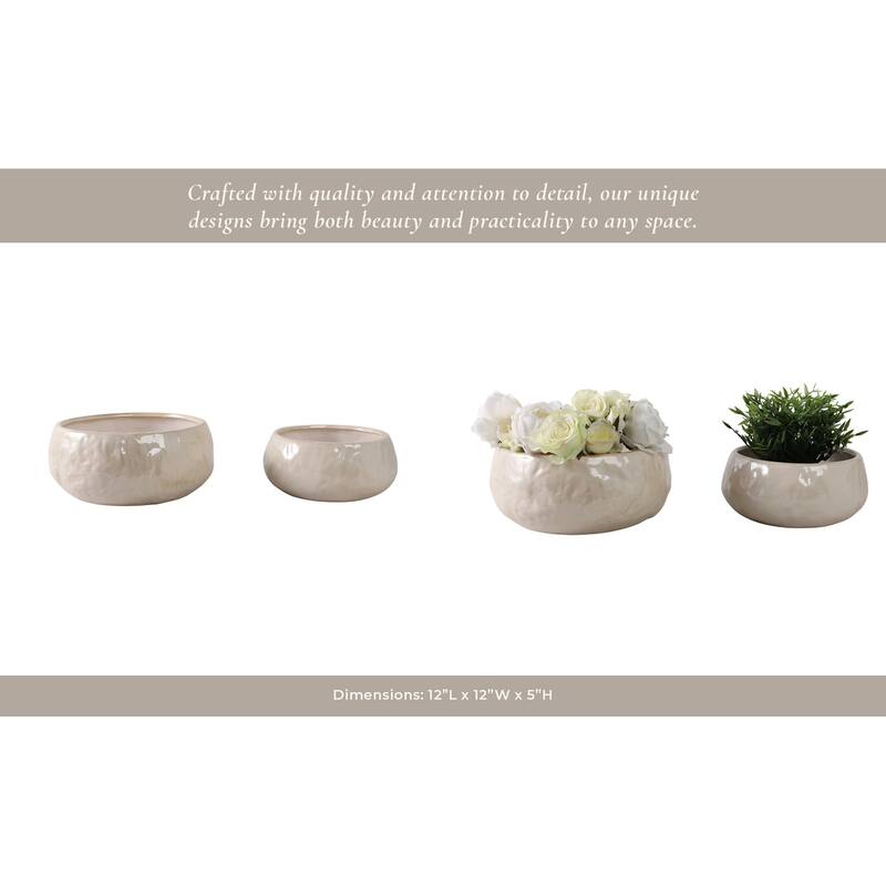 Stoneware Planters Modern Rounded Design and Texture Detail (Set of 2) - 12" x 12" x 5"