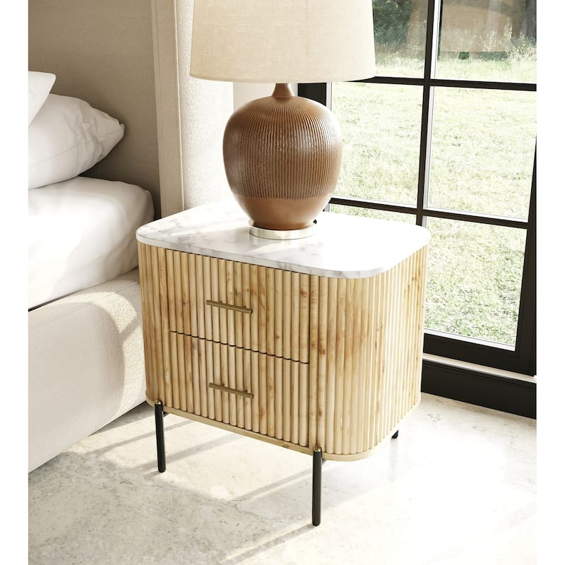 Modrest Cambridge Modern White Marble & Washed Mango 2 Drawer Nightstand