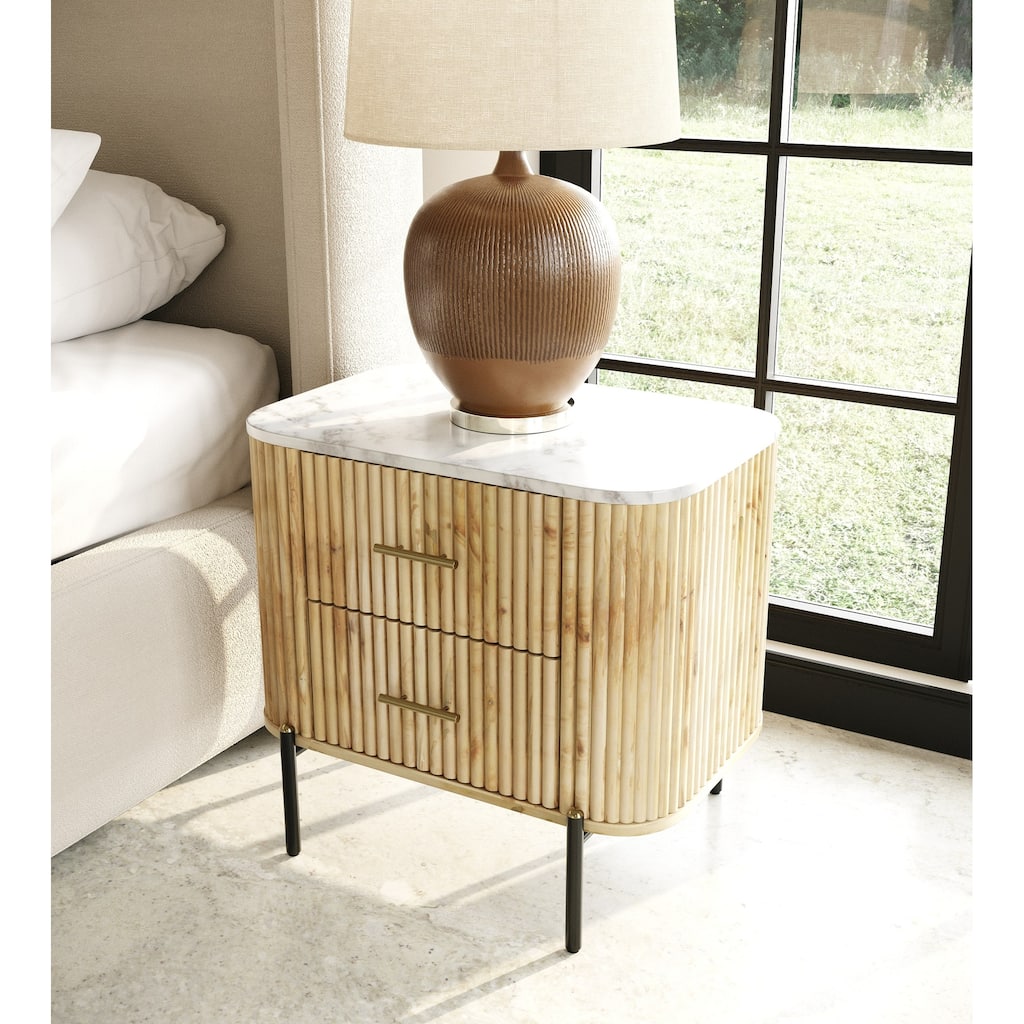 Modrest Cambridge Modern White Marble & Washed Mango 2 Drawer Nightstand