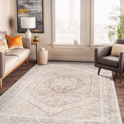 Beige Medallion Flat Pile Washable Rug - Pet Friendly, Non-Slip for Entryway and Bedroom