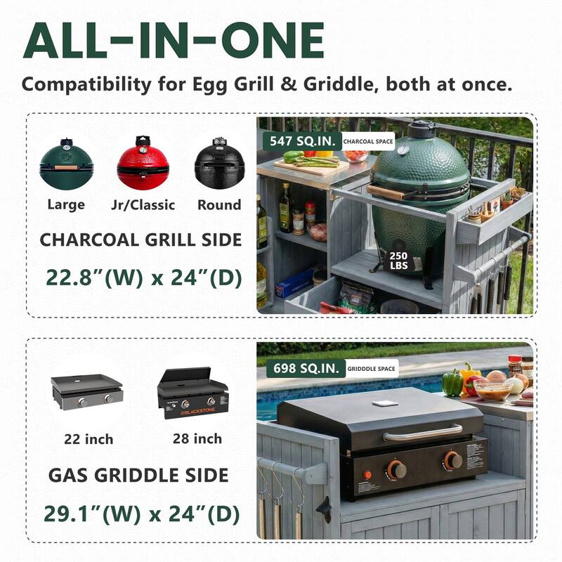 80.5"Kitchen Island,Solid Wood Grill Cart with Stainless Steel Top,Drawer for Large Big Green Egg and 21"/28"Blackstone Griddle