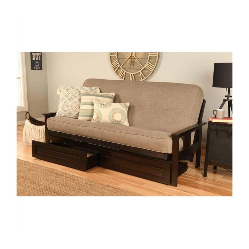 79 in. Espresso/Linen Stone Linen Upholstered Full Size Futon Set with Mattress and Storage Drawers