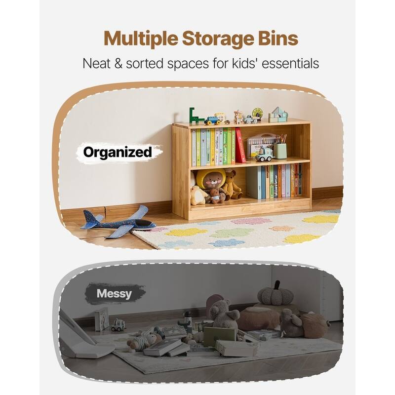 Brown Wooden Montessori Bookshelf with 2 Compartments and Top Storage - 35.43 x 11.81 x 23.62 in