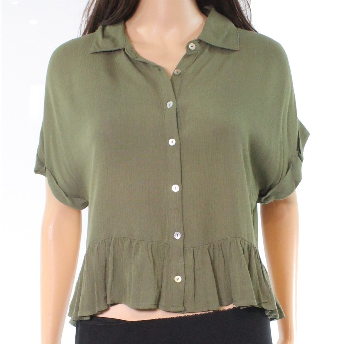 Shop Hiatus Olive Green Womens Size Xl Ruffle Hem Button Down Shirt Overstock 27543005
