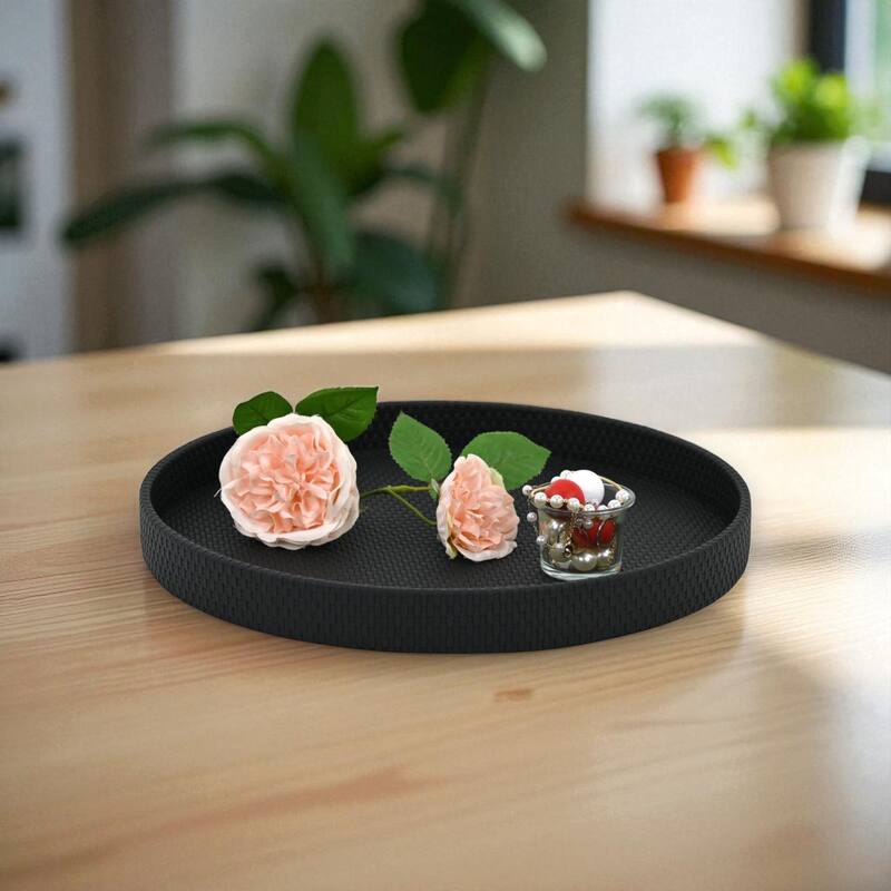 Tamsin 14.5" Round Decorative Serving Tray - Wicker Weave Pattern for Display, and Organization - Black